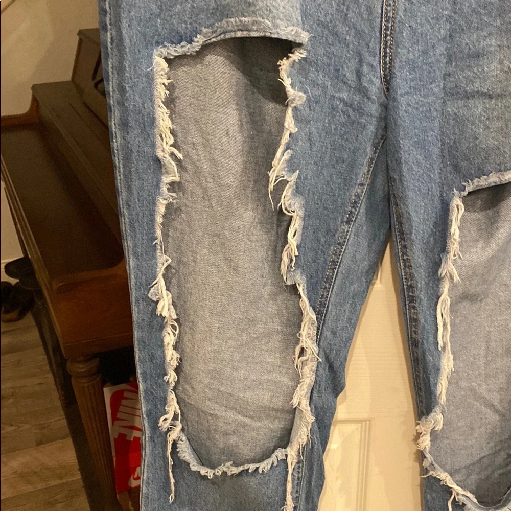 Fashion Nova Blue Distressed Wide Leg Jeans - Picture 8 of 14